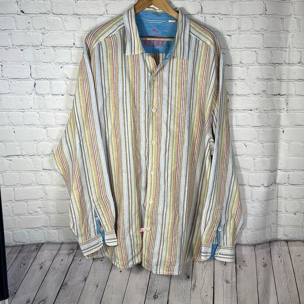 Tommy Bahama Relax Linen Shirt Striped Long‎ Sleeve Shirt size XXL Pink BLue